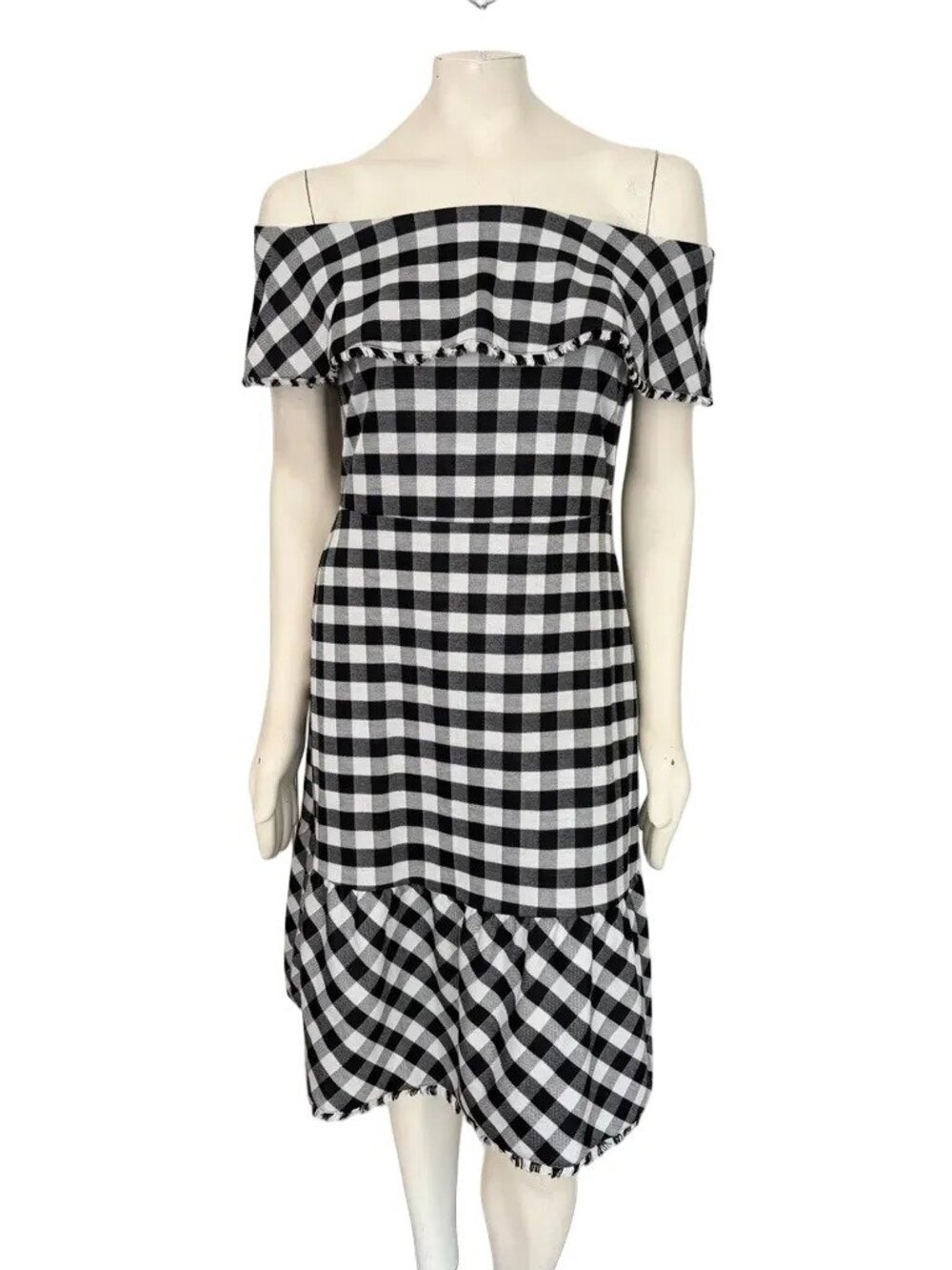 ANN TAYLOR Black White Gingham Off Shoulder Buffalo Plaid Dress SZ 6